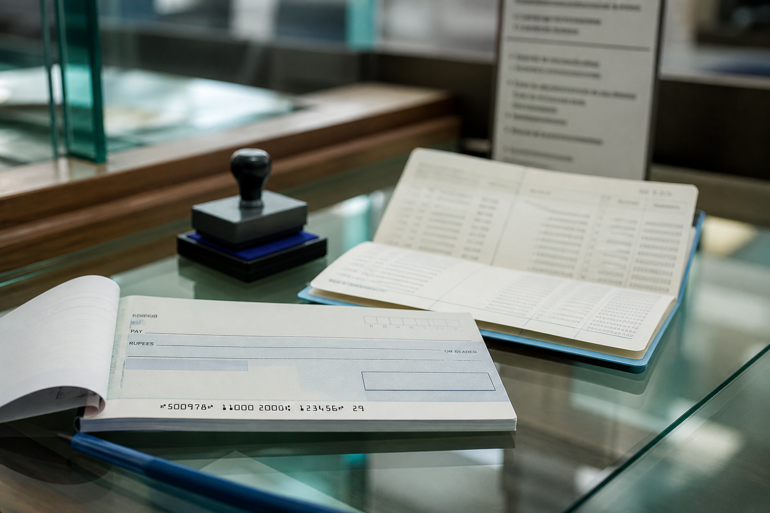 Cheque book and bank passbook on a desk