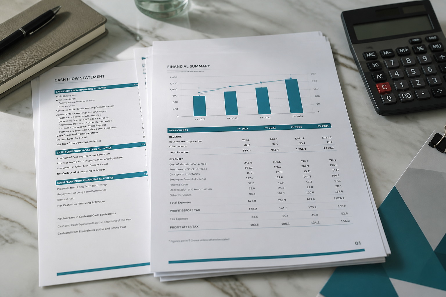 Financial report printouts and calculator on a desk